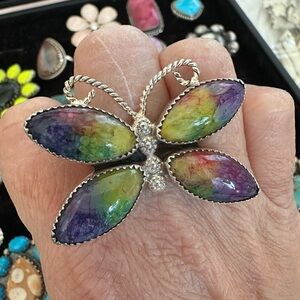 Sterling Silver 925 Multicolor Tie Dye stone Butterfly Ring